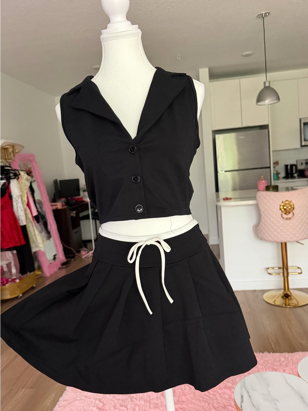 Black Two-Piece Sleeveless Crop Top & Skater Skirt (tag says M but feels like S)
